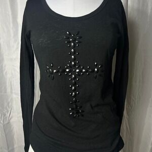 Y2K Black Rhinestone Cross Long Sleeve Top Buffalo David Bitton Small